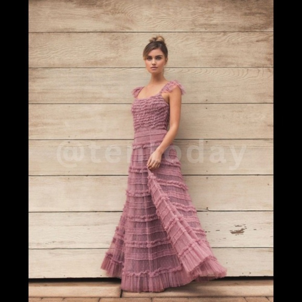 $898 Mac Duggal Size 14 Pink Square Neck Ruffle‎ Tiered Long Maxi Dress Gown
